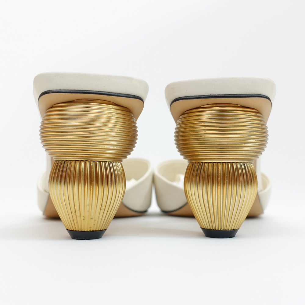 Zara White Slide Sandals with Gold Sculptural Ribbed Block Heel - EU 39/US 8 - Picture 6 of 12